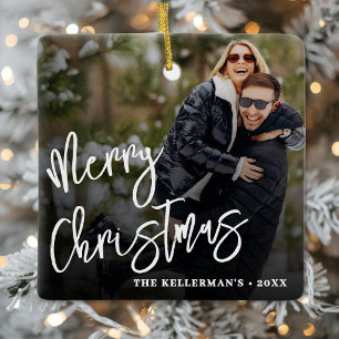 Custom Double Sided Two Photo Merry Christmas Ceramic Ornament