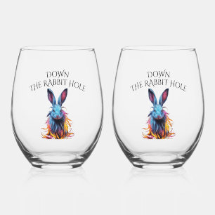 Custom Down the Rabbit Hole Blue Bunny Stemless Wine Glass