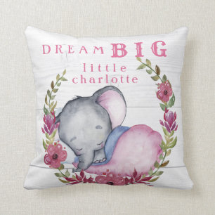 Custom Dream Big Little One Elephants Cute Pink Cushion