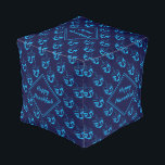 Custom Dreidel Hanukkah Pouf<br><div class="desc">Stylish midnight navy blue CUBE POUF to celebrate HANUKKAH. Navy and cyan blue colour theme with all over cyan DREIDEL print. There is customisable placeholder text on the front which says HANUKKAH BLESSINGS so you can personalise with your own greeting and/or name (of similar length). Matching home decor and other...</div>