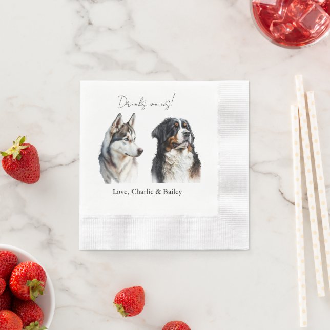 Custom Drinks on Us Two Dog Wedding Napkins (Insitu)