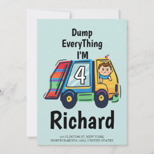 Custom Dump Everything! I'm 4 Garbage Truck Birth Invitation
