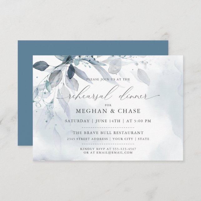 Custom  Dusty  Blue Foliage Watercolor Rehearsal Invitation (Front/Back)