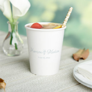 Custom dusty blue script Couple Name Date Wedding Paper Cups