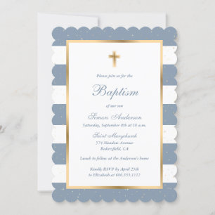 Custom Dusty Blue White Gold Stripe Baptism Invitation
