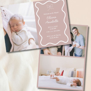 Custom Dusty Pink Bow Wavy Boho Collage Baby Birth Announcement