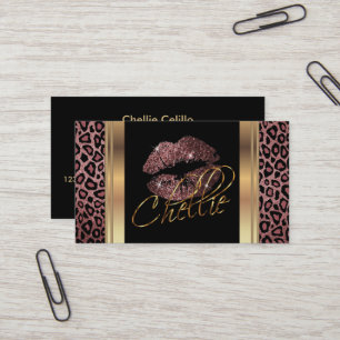 Custom - Dusty Rose Glitter Lips on Leopard Skin Business Card