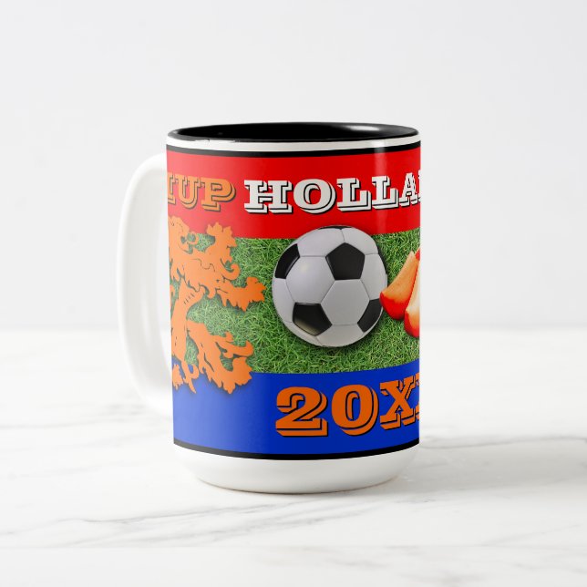 Custom Dutch Flag Orange Lion Soccer Ball Two-Tone Coffee Mug (Front Left)