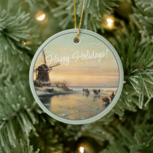 Custom Dutch Winter Wonderland Landscape Painting Ceramic Ornament