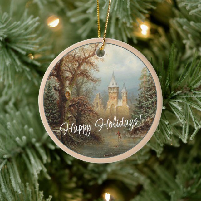 Custom Dutch Winter Wonderland Landscape Painting Ceramic Ornament (Tree)
