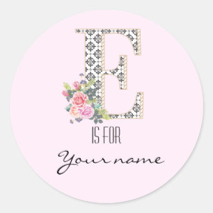 Custom E Name Floral Flower Pink Letter E Modern Classic Round Sticker