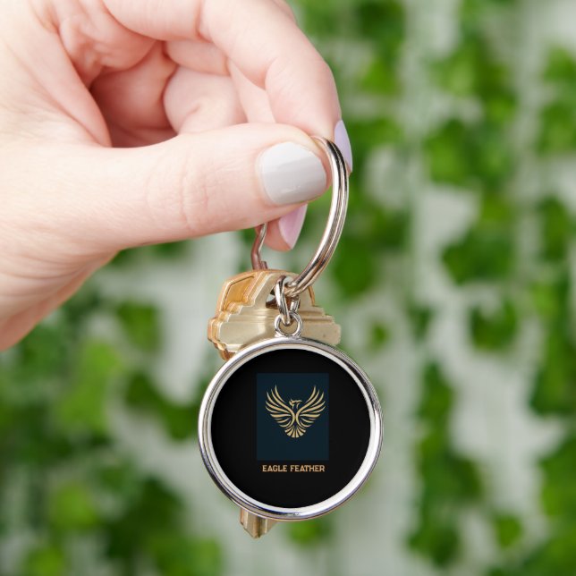 Custom Eagle Feather Image and Text Premium Round Key Ring (Hand)