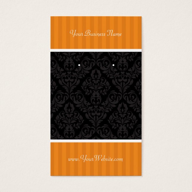 Custom Earring Cards Orange Black Damask Stripes (Front)