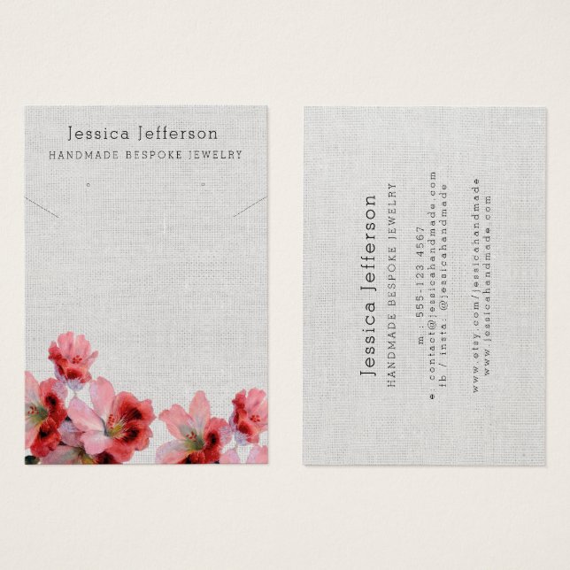Custom Earring Jewellery Floral Linen Display Card (Front & Back)