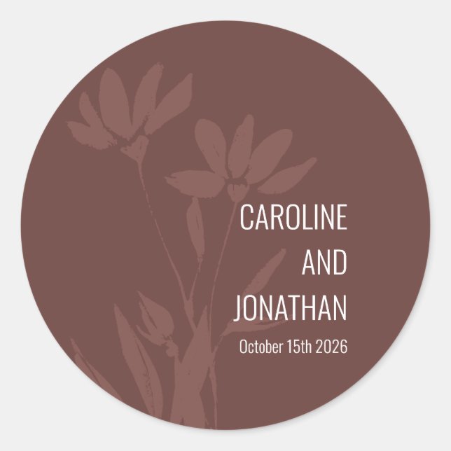 Custom Earthy Modern Floral Silhouette Wedding Classic Round Sticker (Front)