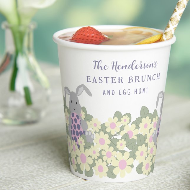Custom Easter Brunch Egg Hunt Bunny Pink Floral Paper Cups (Personalized Easter brunch egg hunt cute bunny & egg pink spring floral party paper cup)