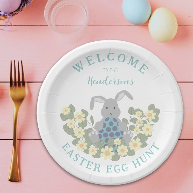 Custom Easter Egg Hunt Brunch Cute Bunny Floral Paper Plate (Personalized easter egg hunt spring brunch cute bunny daisy floral paper plate)