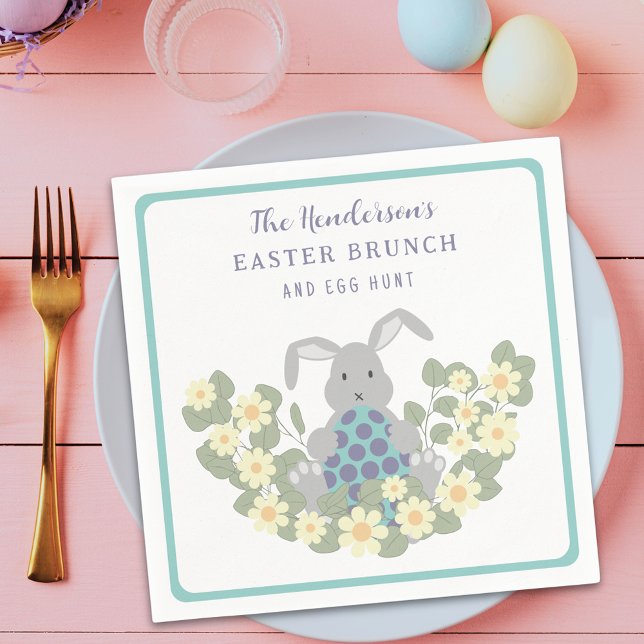 Custom Easter Egg Hunt Spring Brunch Bunny Floral Napkin (Personalized easter egg hunt spring brunch cute bunny floral teal party napkin)