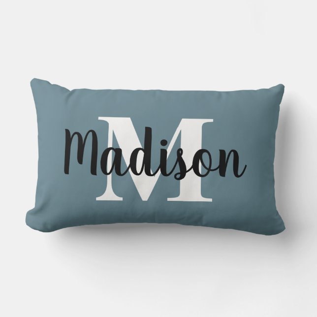 Custom Editable Colour Monogram Name Blue White Lumbar Cushion (Front)