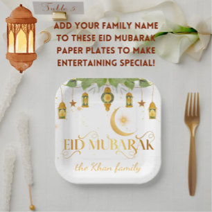 Custom "Eid Mubarak" White Gold Lanterns + Moon Paper Plate