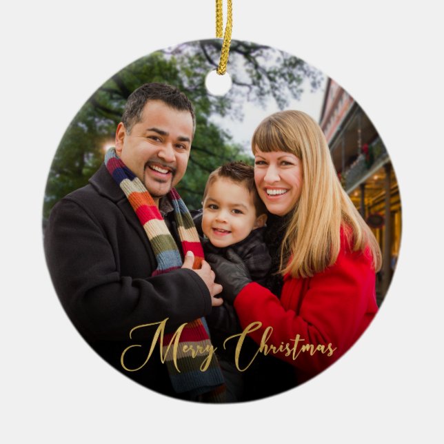 Custom Elegant 2-Side Gold Family Photo Christmas Ceramic Ornament (Front)
