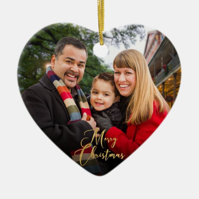 Custom Elegant 2-Side Gold Family Photo Christmas Ceramic Ornament (Front)