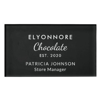 Custom Elegant B&W Minimal Chocolate Brand Staff Name Tag