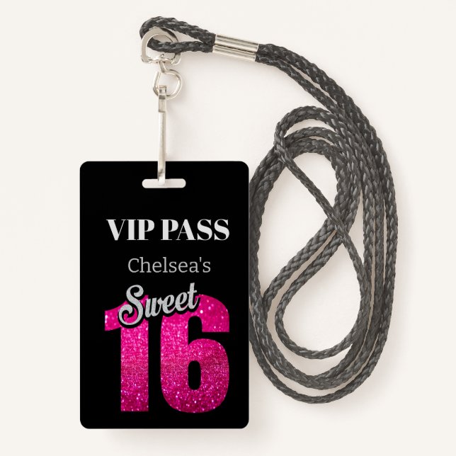 Custom Elegant Birthday Black Sweet 16 VIP ID Badge (Front with Lanyard)