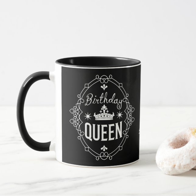 Custom Elegant Birthday Queen Typography Black Mug (With Donut)