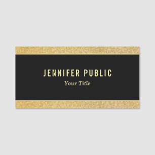 Custom Elegant Black And Gold Glitter Template Name Tag