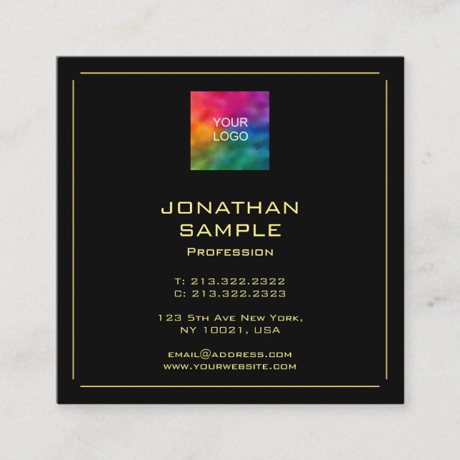 Custom Elegant Black And Gold Template Modern Square Business Card (Front)