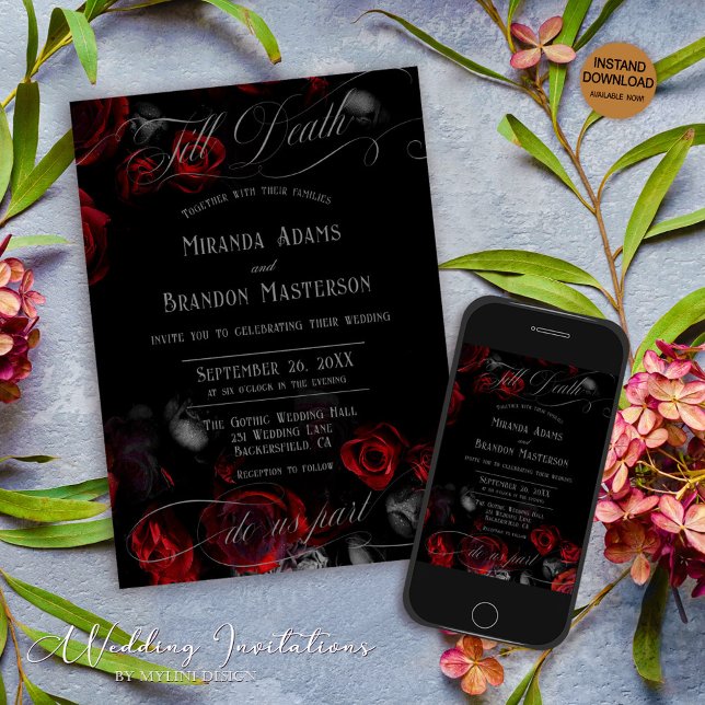 Custom Elegant Black and Red Floral Wedding Invitation (Creator Uploaded)