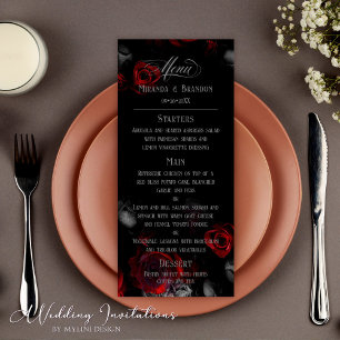 Custom Elegant Black and Red Floral Wedding Menu