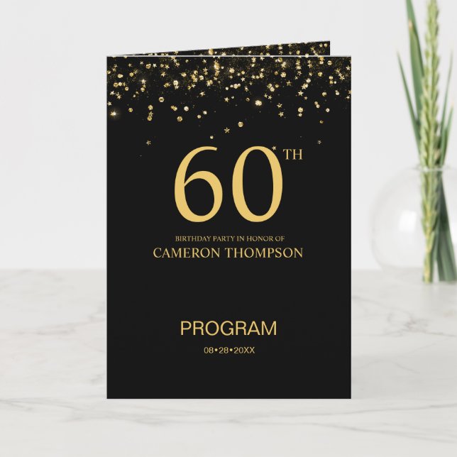 Custom Elegant Black & Gold confetti 60th Birthday Program (Front)