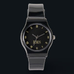 Custom Elegant Black Gold Monogram Silicone Strap Watch<br><div class="desc">Create your own custom, personalised, elegant trendy cool unique classy faux gold and black hours, monogrammed, ladies and mens unisex, stylish, black silicone strap watch. Simply type in your name / monogram / initials, to customise. Makes a great gift, for birthday, graduation, fathers day, mothers day, christmas, holidays, wedding, marriage...</div>