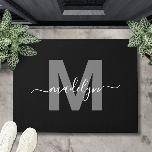 Custom Elegant Black White Monogram Script Name Doormat (Custom Elegant Black White Monogram Script Name Doormat)