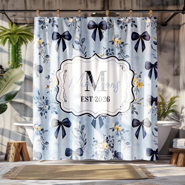 Custom Elegant Blue Bow Floral Monogram Shower Curtain (Creator Uploaded)