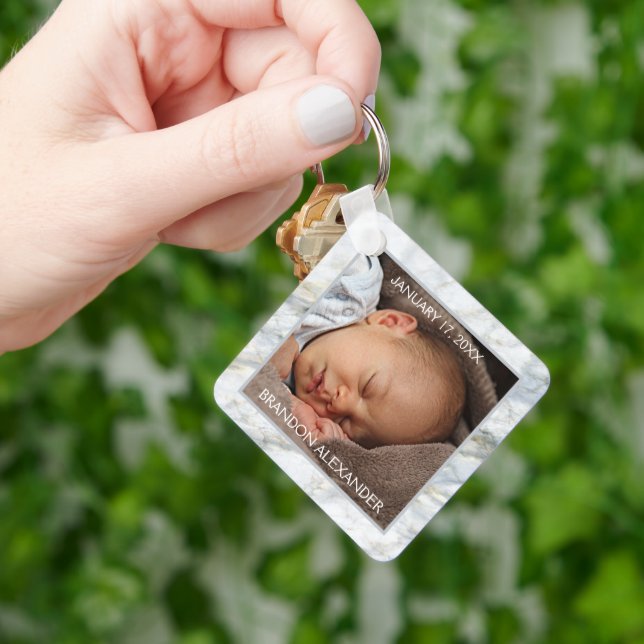 Custom Elegant Blue Grey Marble Pattern Keepsake Key Ring (Hand)