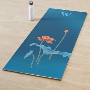 Custom Elegant Blue Lotus Flower Monogram Yoga Mat