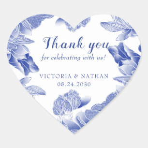 Custom Elegant Blue White Floral Thank You Favour  Heart Sticker