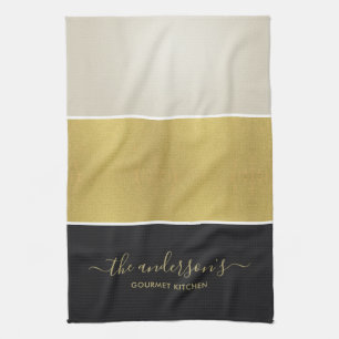 CUSTOM ELEGANT BOLD FAUX GOLD SILVER BLACK STRIPS TEA TOWEL
