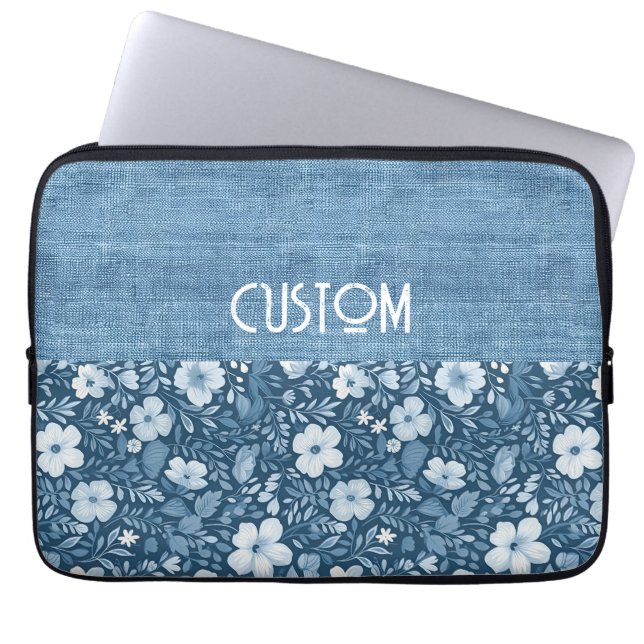 Custom Elegant Botanical Blue Faux Denim Look  Laptop Sleeve (Front)