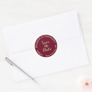 Custom Elegant Burgundy Gold Wedding Save the Date Classic Round Sticker