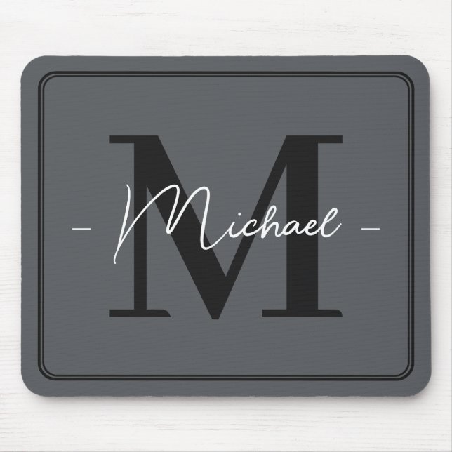 Custom Elegant Charcoal Grey Initial Office Name Mouse Pad (Front)