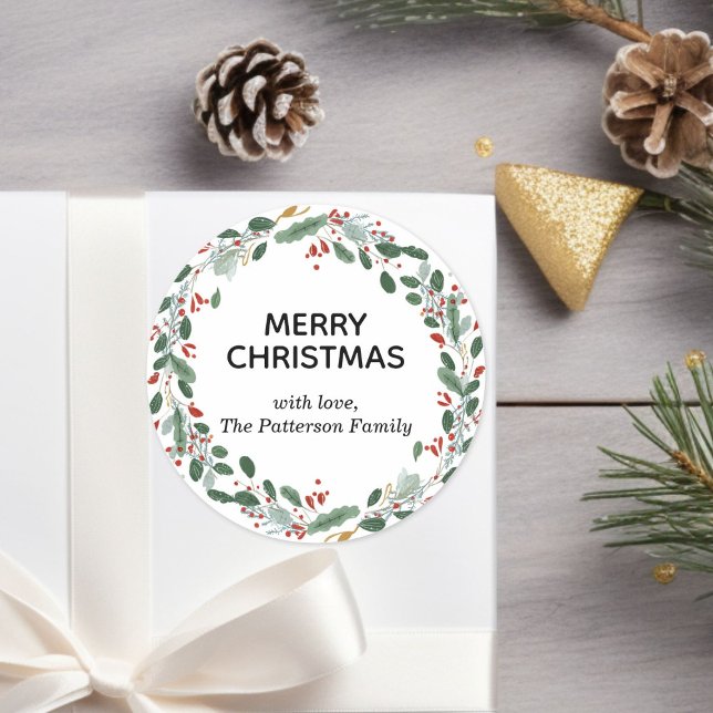 Custom Elegant Christmas Wreath Family Name  Classic Round Sticker (Custom Elegant Christmas Wreath Family Name Classic Round Sticker)