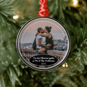 Custom Elegant Classic Couple Photo 1st Christmas Metal Ornament
