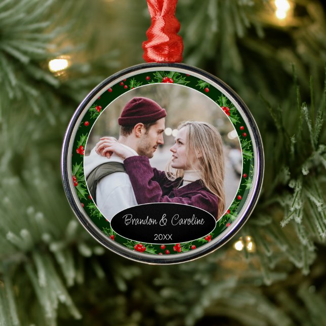 Custom Elegant Classic Couple Photo 1st Christmas Metal Ornament (Tree)