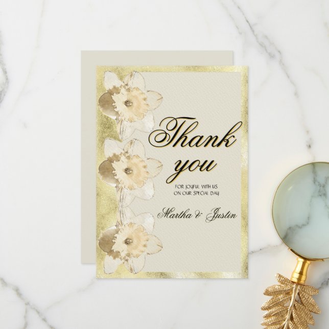 Custom elegant daffodil flowers with gold frame thank you card (Front/Back In Situ)
