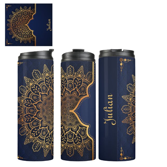 Custom Elegant Dark Blue Faux Gold Mandala Thermal Tumbler (Get this Elegant custom dark blue and faux gold mandala for friends, family or you.  )