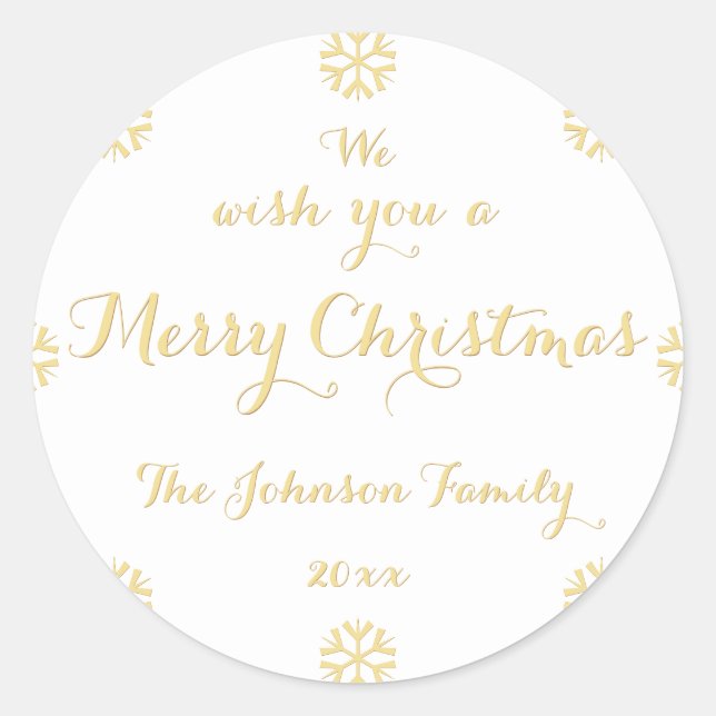 Custom Elegant Faux Gold Merry Christmas Snowflake Classic Round Sticker (Front)